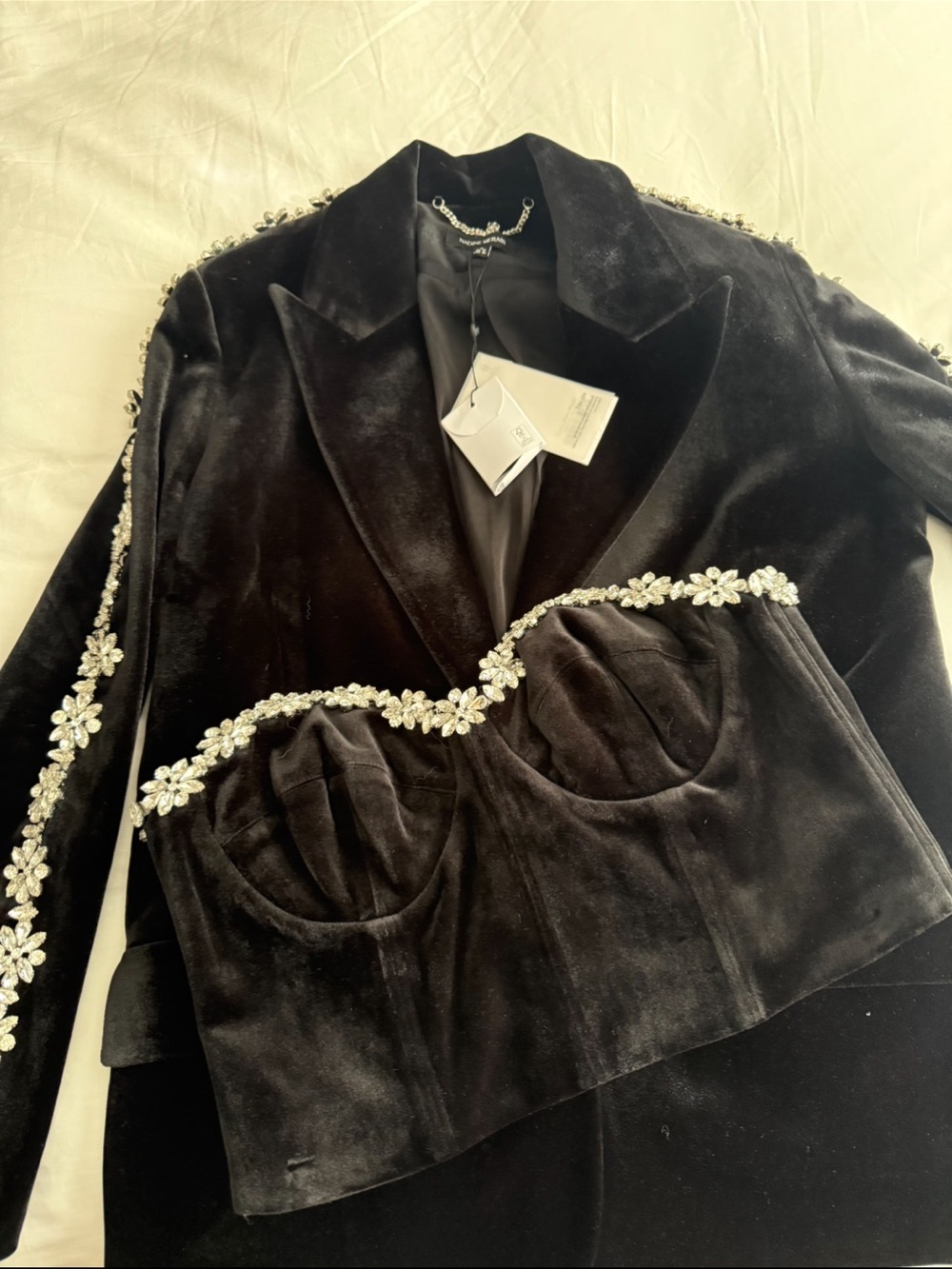 NWT Nadine Merabi DAVINA Black Velvet Crystal Embellished Blazer M & Corset L - Picture 6 of 6